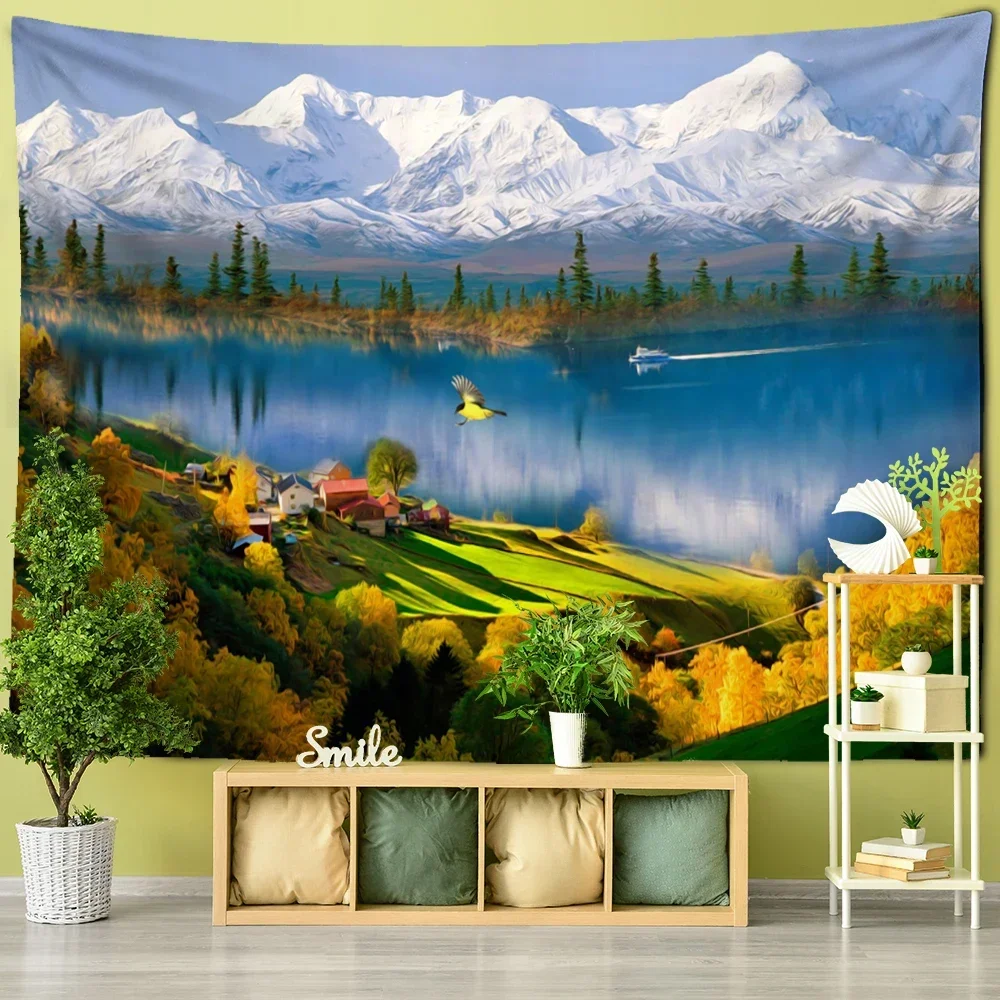 

Snow Mountain Forest Oil Painting Tapestry Wall Hanging Hippie Bohemian Psychedelic Tapiz Room Living Room Decor