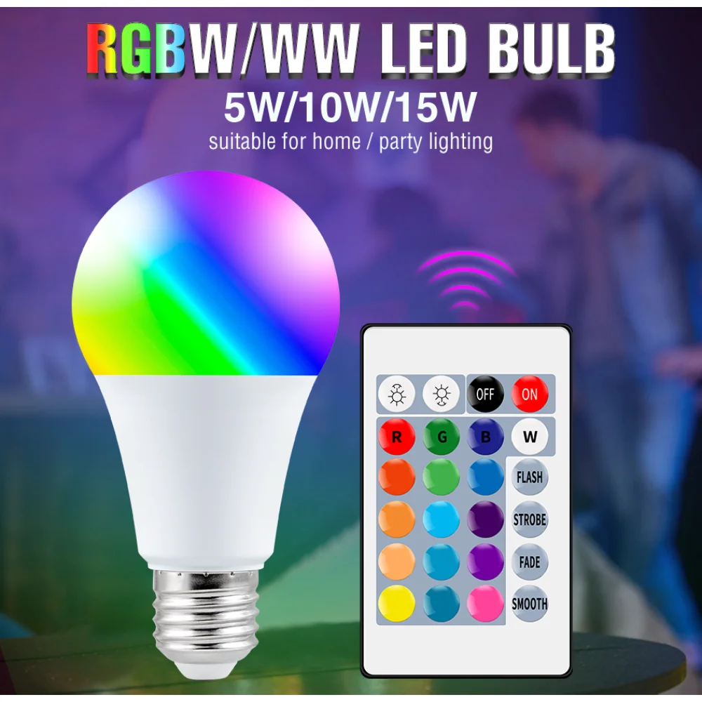 

RGB LED Smart Bulb E27 5W 10W 15W Remote Control Magic Light Bulb Dimmable Night Light RGBW Spotlight For Home Party Decoration