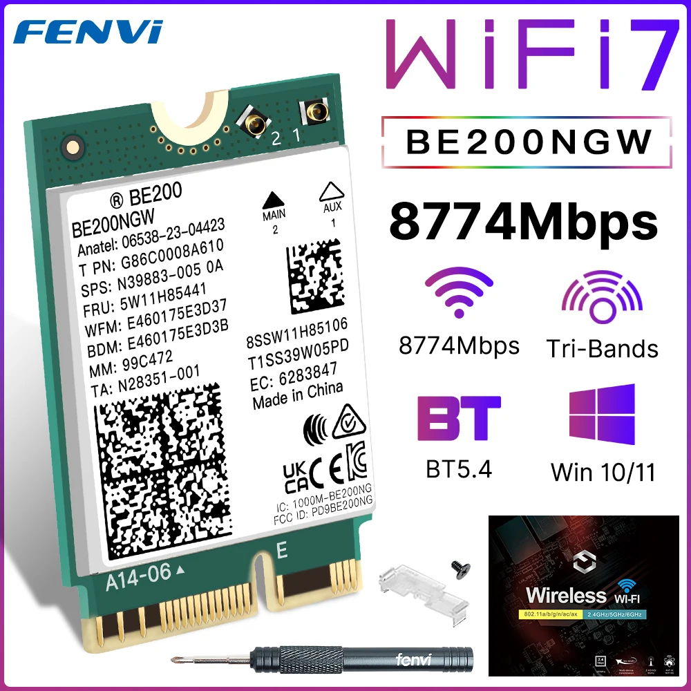 Fenvi-Adaptador de Rede Sem Fio, BE200 WiFi 7 Cartão, BE200NGW para Bluetooth 5.4 Tri Band, 2.4G, 5G, 6GHz, M.2, PC, Windows 10, 11, WiFi6E