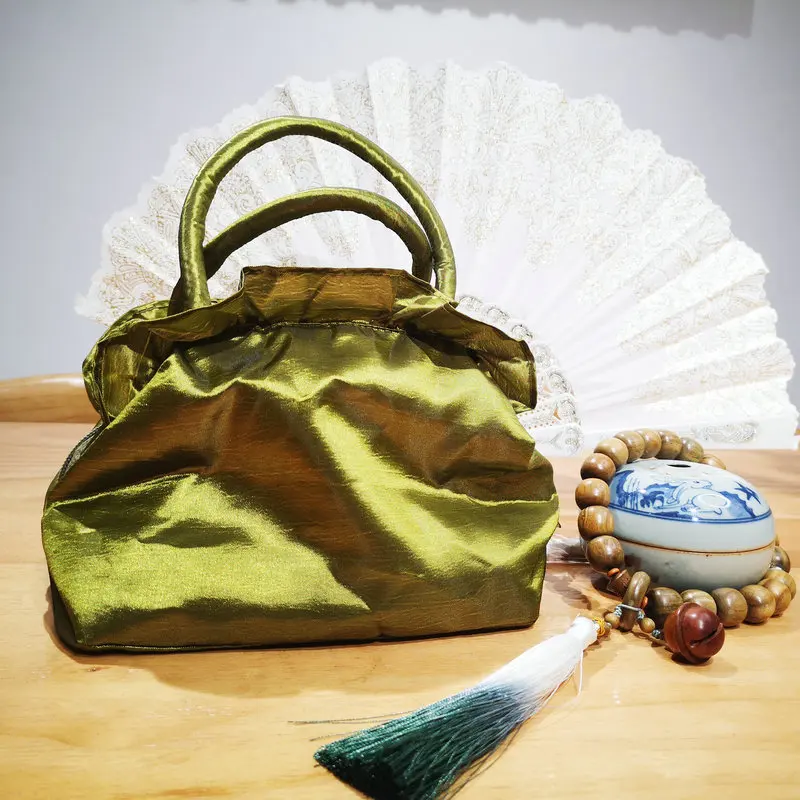 Green Flower Bag Tradition Ribbon Embroidery Glossy Cloth Bags With Handle Design Clothing Matching OOTD