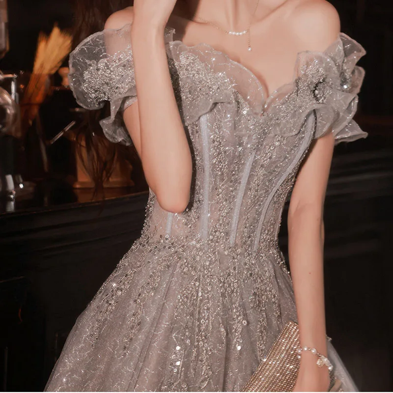 DongCMY Luxury Evening Dresses For Women 2024 New Spring Summer One-shoulder Party Silver Glitter Gala Dress Woman Night