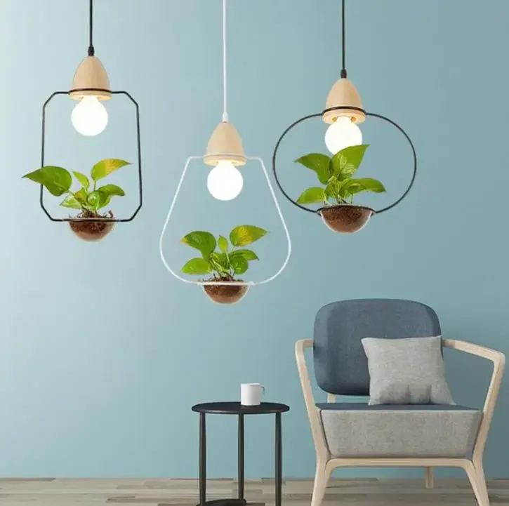 

American Plant Pot Pendant Lamp Restaurant Dinning Room Pendant Light Black White Color Wood Pendant Lighting with glass