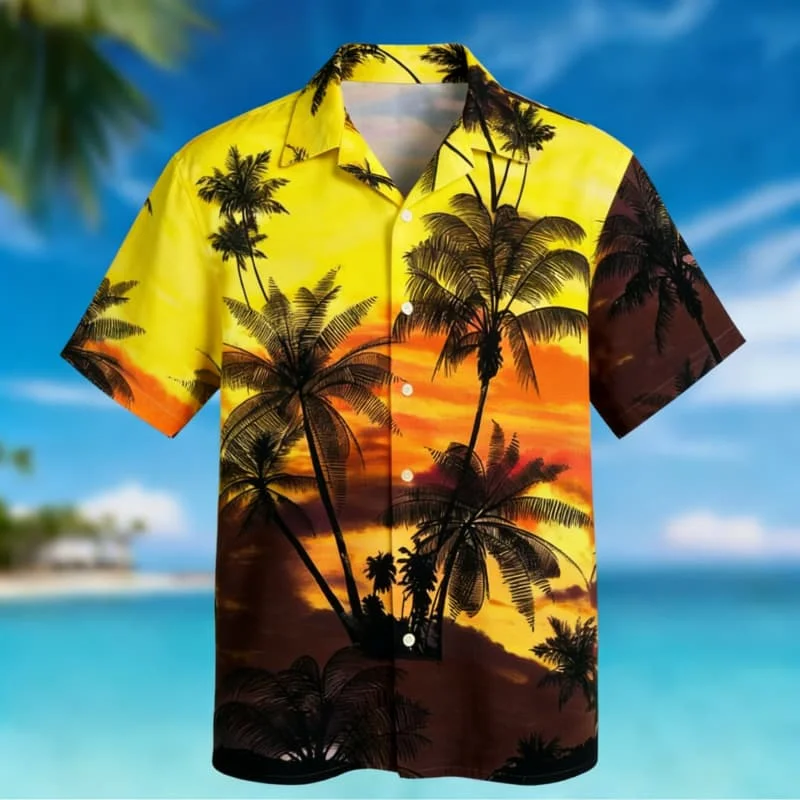 Men's Fashion Sunset Palm Tree Print Short Sleeve Shirt Trendy Summer Style for Beach Vacation Party Gathering Daily Commute