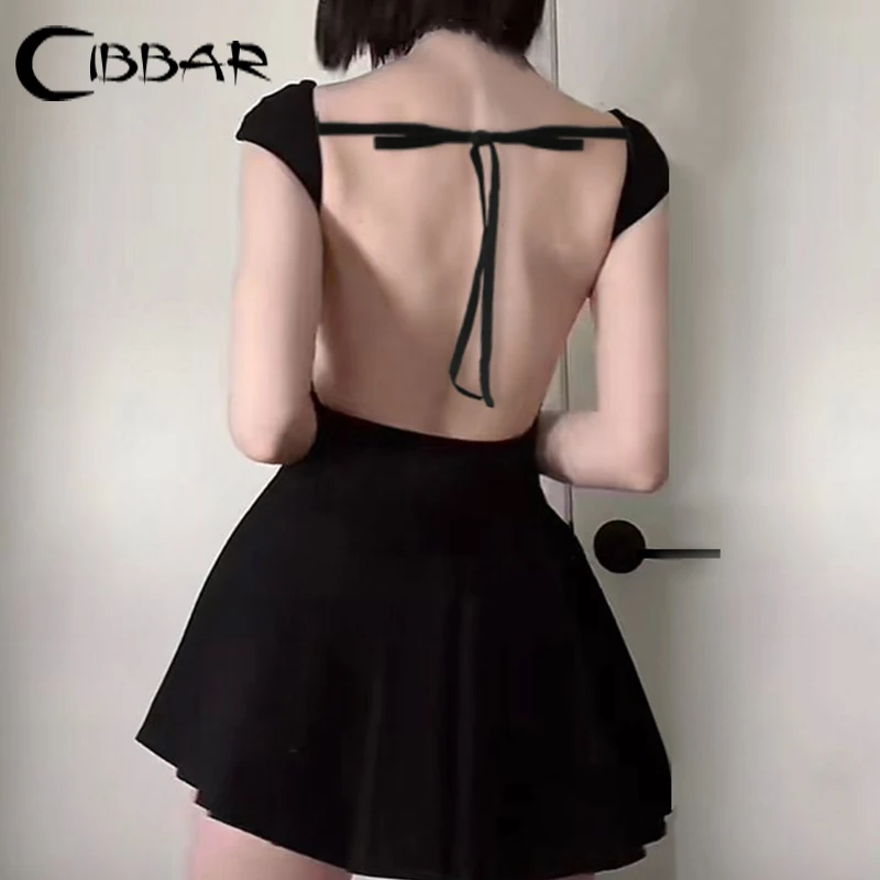 CIBBAR Lace-up Backless A-line Dress Solid Black Hollow Out Short Sleeve Summer Party Mini Dresses for Women y2k Vintage Clothes