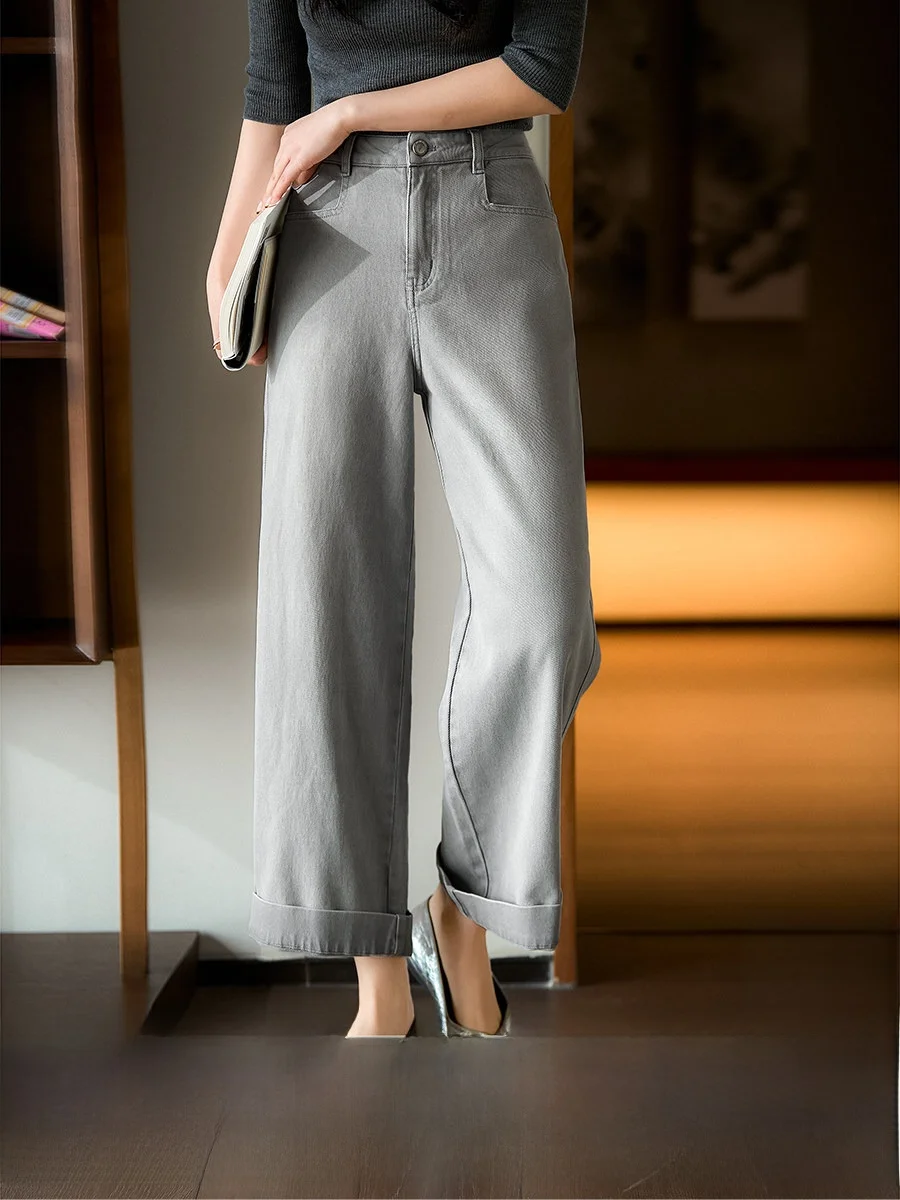 

Xhange Casual Commuter Cotton Blend Stretchy High Waist Straight Leg Jeans Elegant Loose Fit Spring Season Ladies Jeans