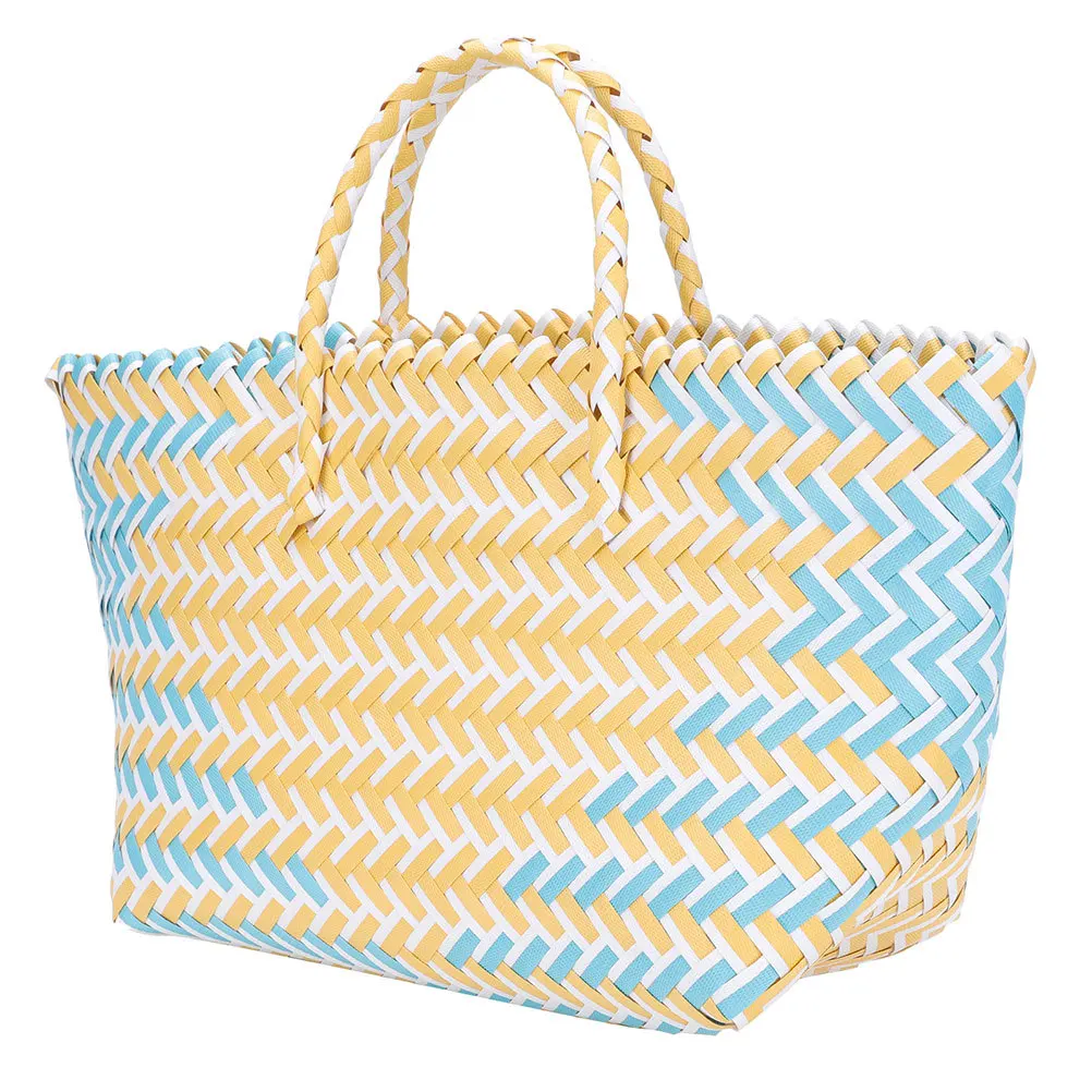 

Large Capacity Striped Shopping Basket Sturdy Plastic Handle Comfortable Grip For Grocery Picnic Snacks Storage Organizer