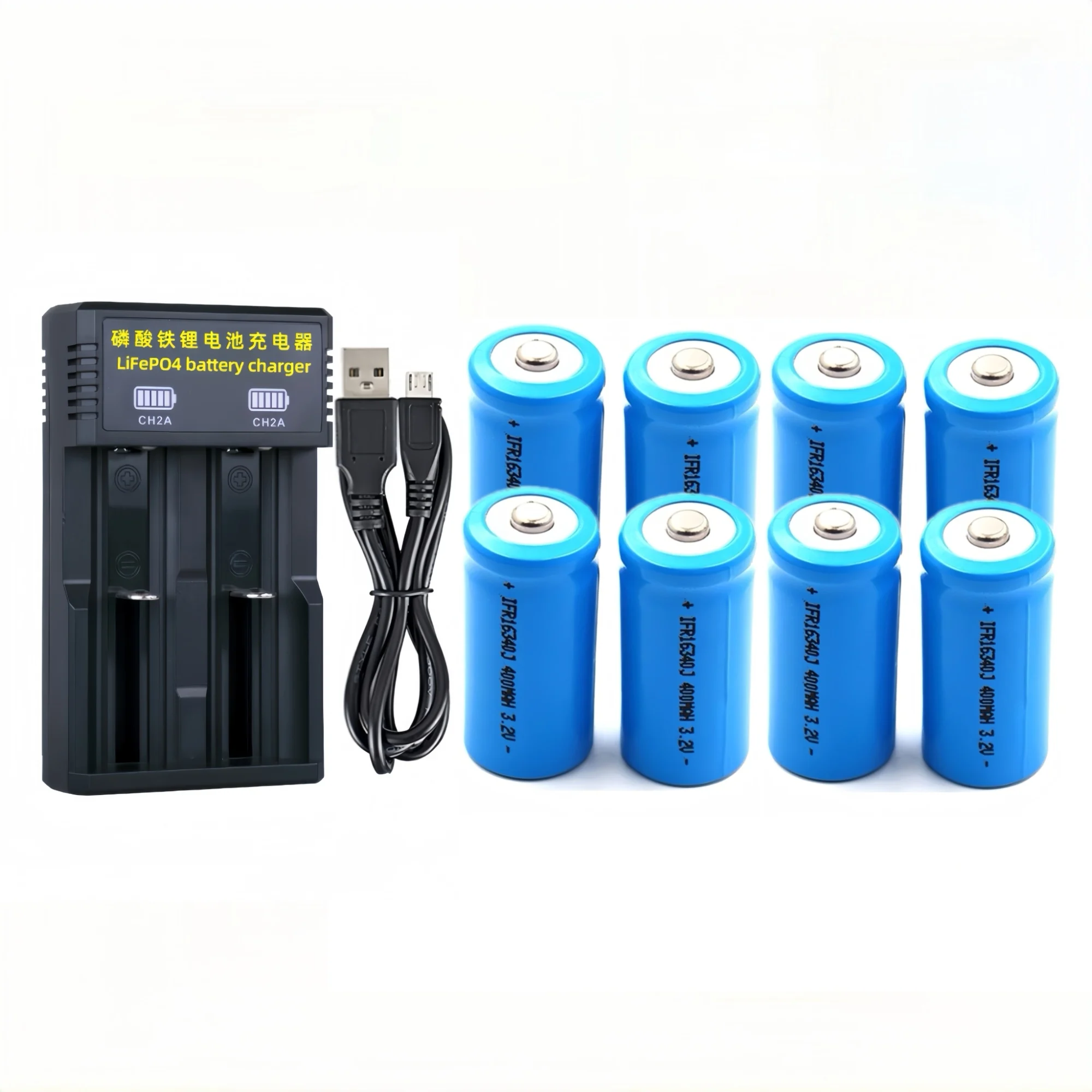 8 Uds 16340 LiFePO4 batería 3,2 V 400mAh CR123A cargador para cámara alarma de humo linterna frontal recargable pistolas para defensa personal