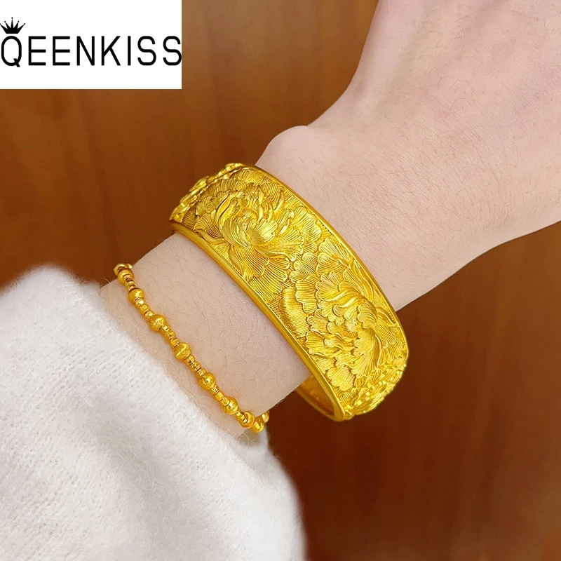 

QEENKISS Gold Vintage Peony Flower Bangle Bracelets For Women Wedding Party Birthday Christmas Bride Mother Girl Gifts BT5385
