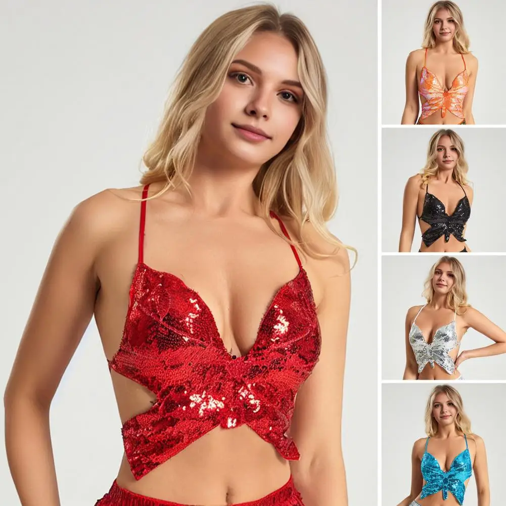 여성 브라탑 홀터넥 민소매 반짝이 스팽글 캐미솔 나비 모양 크로스백 V넥 나이트클럽 댄스 코스프레 조끼
