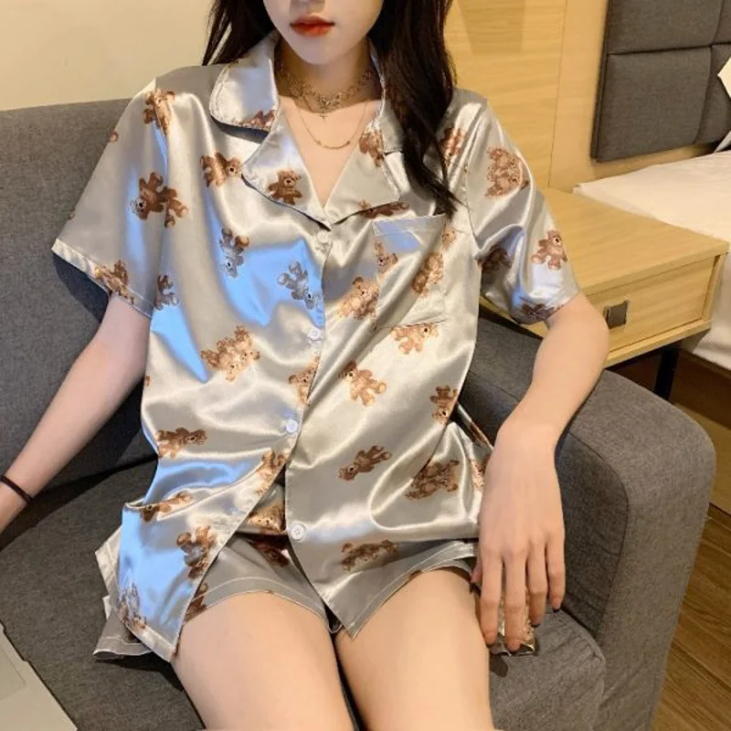 New Ladies Two-Piece Pajamas Ice Silk Women Short-Sleeved Cardigan Shorts Grey Bear Cute Summer Ladies Pajamas Homewear Set