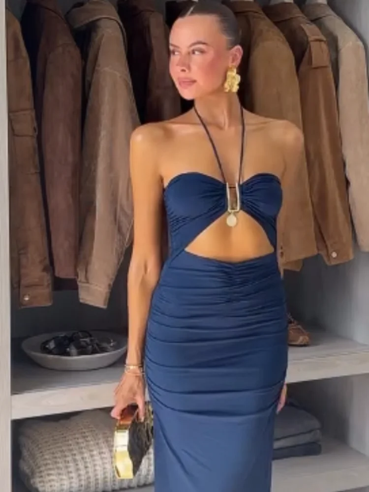 

Cut Out Waist Tight Hanging Neck Dress Sleeveless Backless Slim Fitting Bodycon Dresses New Sexy Party Club 2026 Midi Vestido