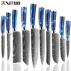 XITUO Kitchen Knife Set 2-10 Pc Stainless Steel Chef Knife Sharp Santoku Meat Slicing Utility Knife Blue Resin Handle