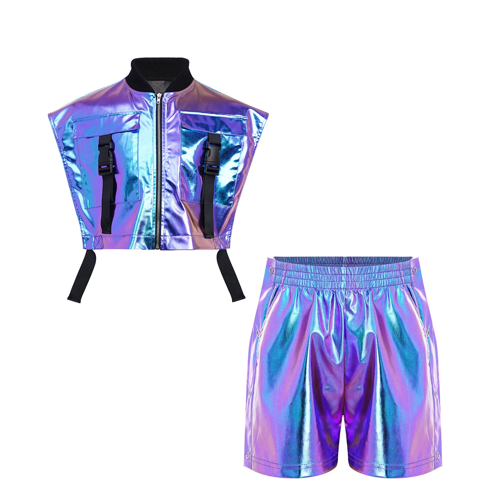 Kinder Mädchen Hip-Hop Jazz-Tanz-Outfit Aufführungskostüm mit seitlich geöffneter Metallweste mit Reißverschluss und seitlichen Druckknöpfen sowie glänzenden Shorts – Detail 30