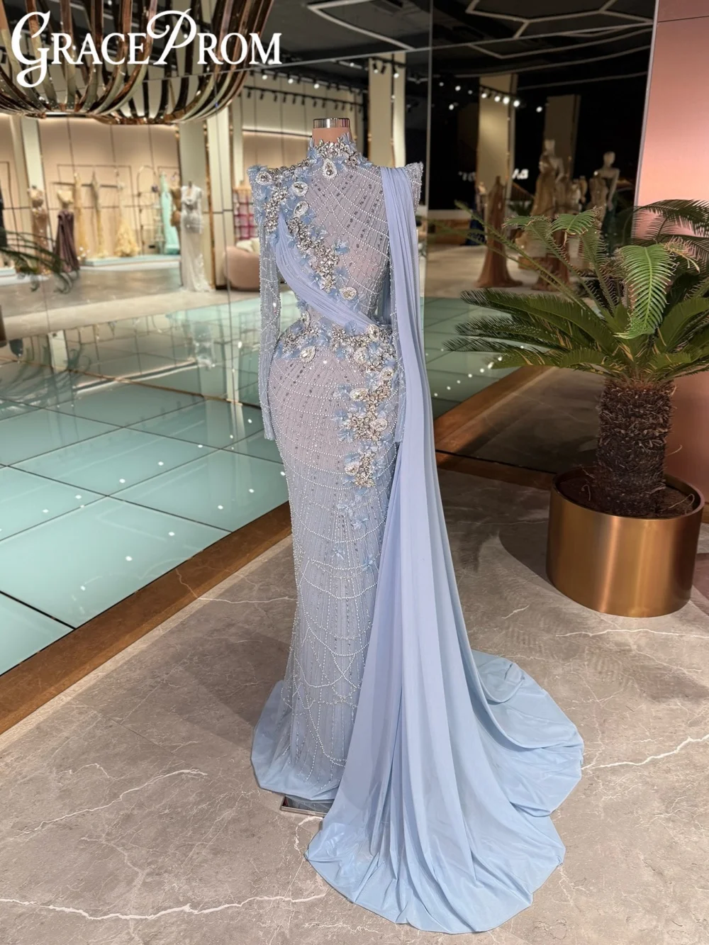 

Light Blue 3D Floral Crystal Evening Dress Chic High Collar Mermaid Wedding Party Gown Customized Elegant Shinny Banquet Gowns