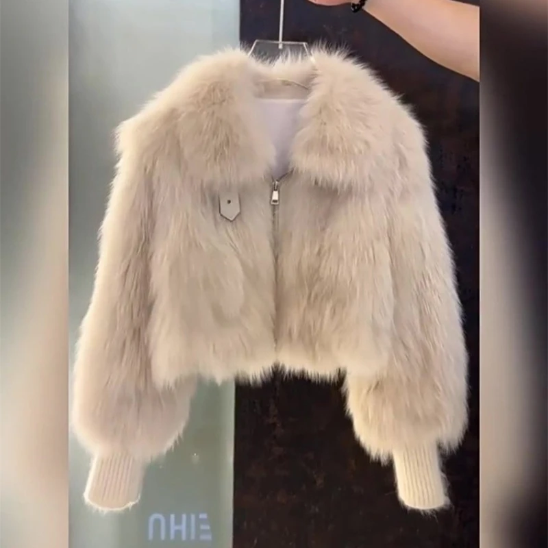 New Cross-border Foreign Trade Explosion Furry Short Lapel Fur Parkas Thick Fur Integrated Imitation Jacket Fox Hair Short Coat