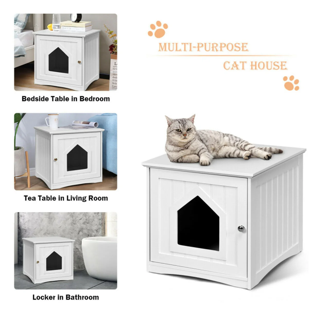 

20' White Wooden Litter Pan Headboard Continuous Cat House All Season Semi-Enclosed