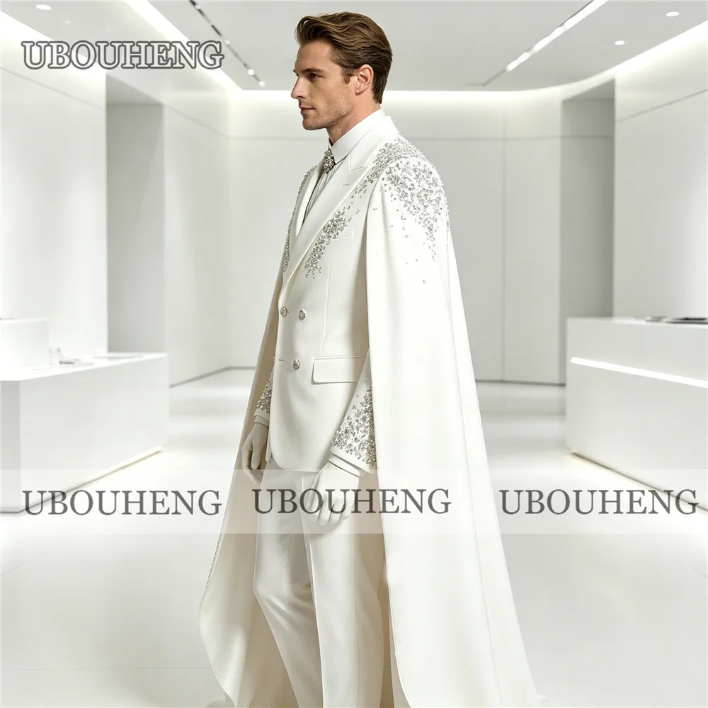 Exquisite Crystals Beading Suit Man For Wedding High-End Customized Double Breasted Prom Blazer With Cape Long Pants Man Tuxedos