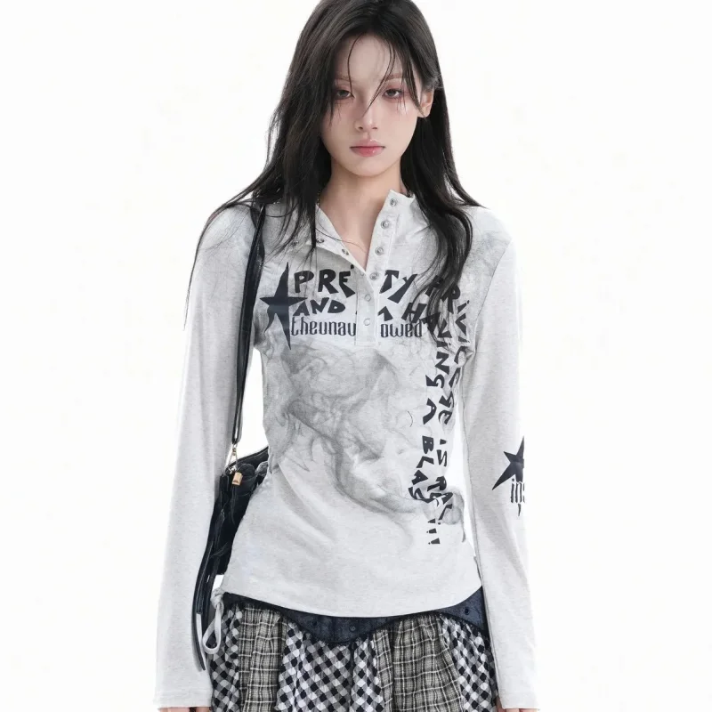 American Retro Graffiti Print Hooded T-shirt Women Bandage Drawstring Slim Fit Tops Autumn Y2k Aesthetic Street Tees