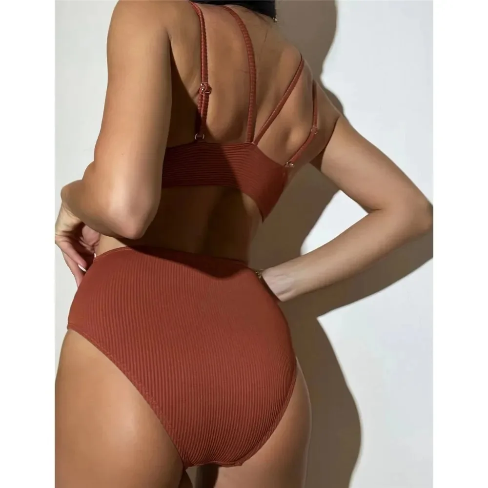 Sexy Brown Ribbed Swimwear Woman 2024 One Piece Swimsuit Cut Out Monokini String Bathing Suit Swimming Wear Summer Bather New