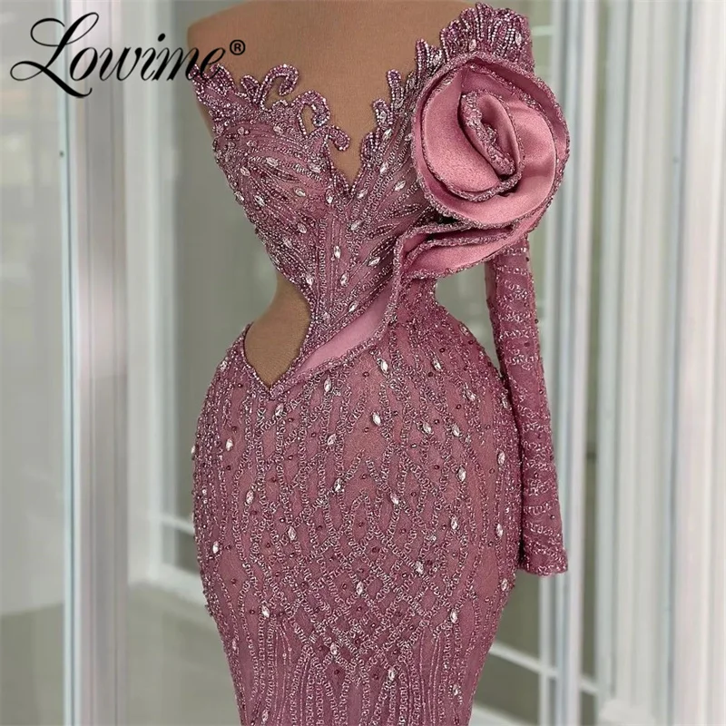 2024 Robe One Shoulder Flower Pink Party Dress Mermaid Lace Beads Arabic Evening Dress Customize Wedding Party Dress Long Sleeve