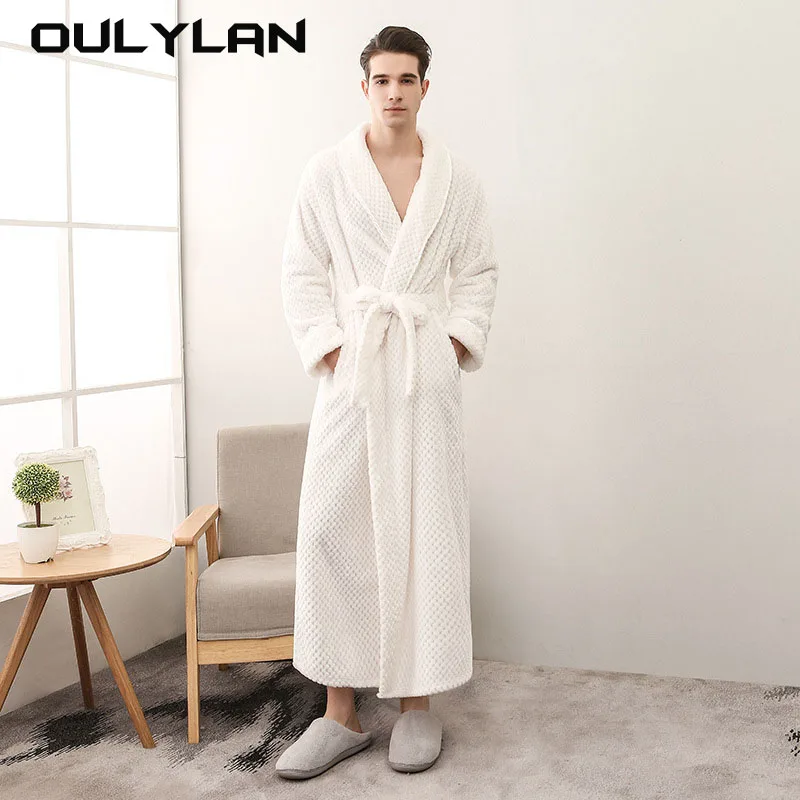 Soft Kimono Dressing Gown Solid Comfortable Sleepwear  Long Robe Flanne Pajamas Thick Large Bathrobe Extended White Pajamas