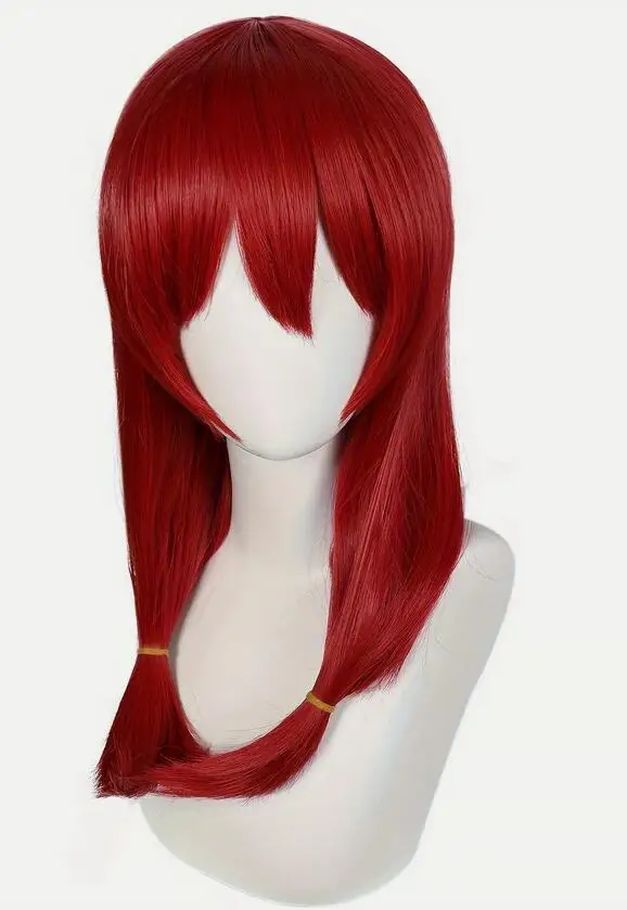 Rambut sintetis Wig Cosplay Anime merah anggur lurus panjang Medium dengan poni