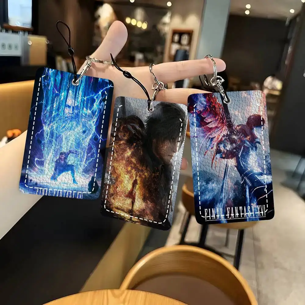 Anime Videogames F-FINAL FANTASY Card Case Keychain Access Card Bag Key Tag Ring Leather Card Holder Key Ring Access