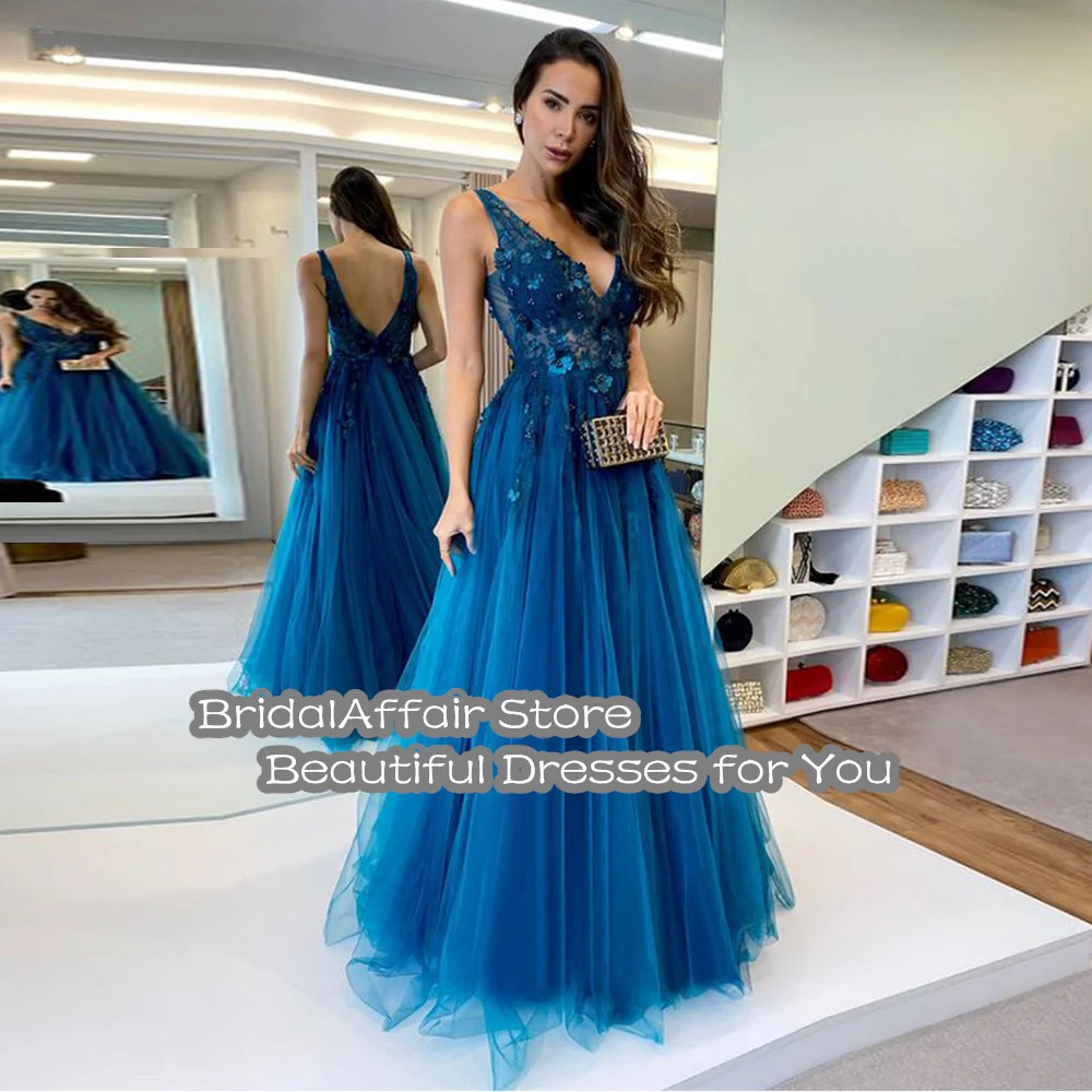 BridalAffair V-ausschnitt Royal Blue Prom Kleid 2022 Mode Tulle Appliques Ärmelloses Party Kleider Lange Abendkleider Roben De Soirée