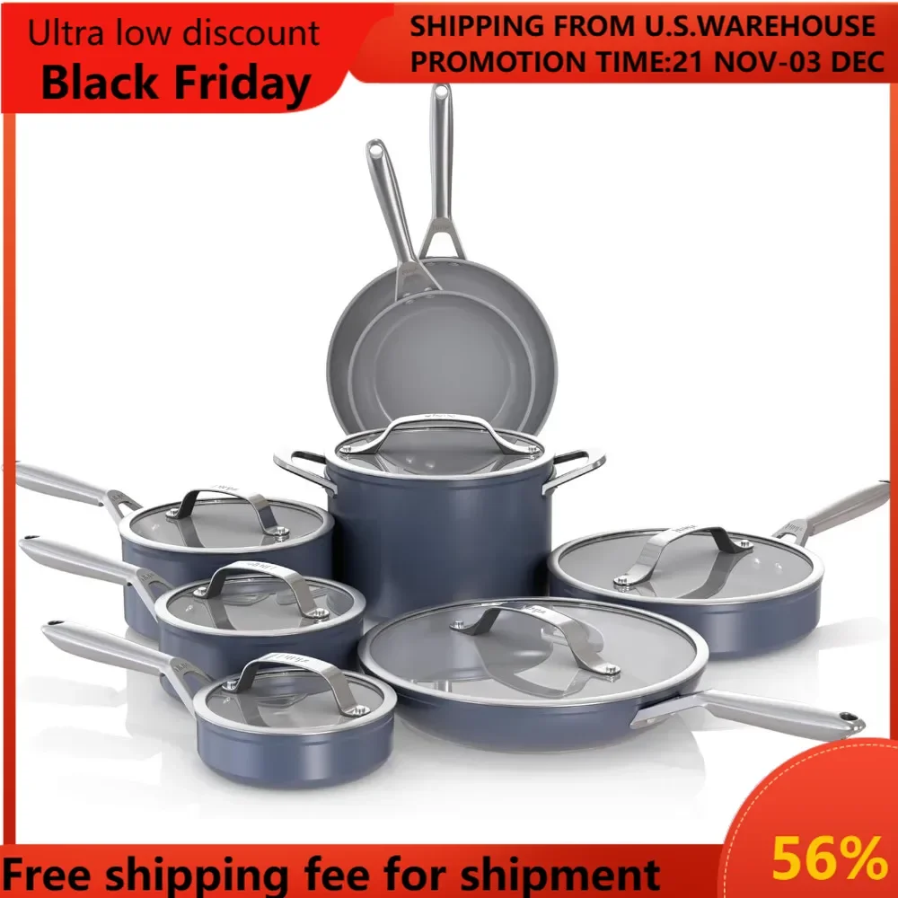 NeverStick Ceramic Pro 14-Piece Cookware Set, Non-Stick Pots & Pans Set with Glass Lids, Ceramic Coated, Stainless Steel,