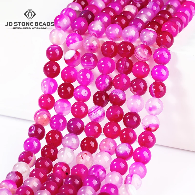 

4 6 8 10mm Natural Stone Dyed Fuchsia Striped Agate Bead Round Loose Spacer for Jewelry Making Diy Necklace Bracelet Accessory