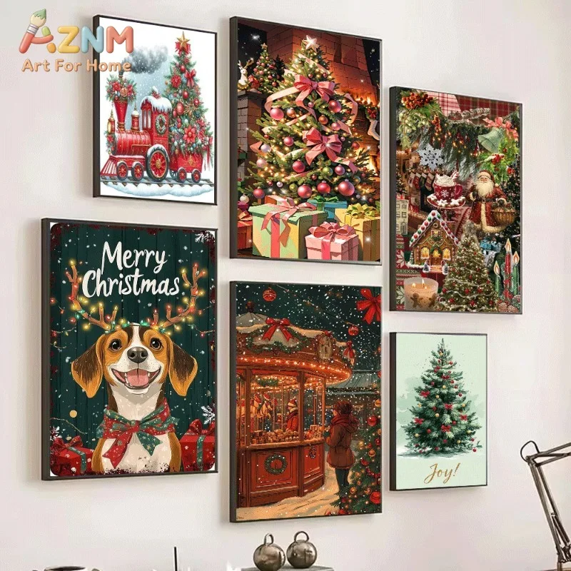 Christmas Train Collage Canvas Wall Art Xmas Winter Holiday Poster For Bedroom Living Room Home Background Decoration Unframed