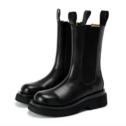 High Quality Black Leather Ankle Boots Fashion Designer Thick Sole Chunky Heel Platform Boots Anti-slip Chelsea Boots for Women