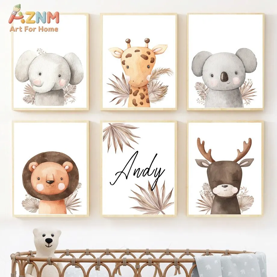 AZNM Boho Watercolor Safari Animal Canvas Wall Art, Elephant Giraffe Lion Koala Deer Custom Name Print Nursery Kids Bedroom Home