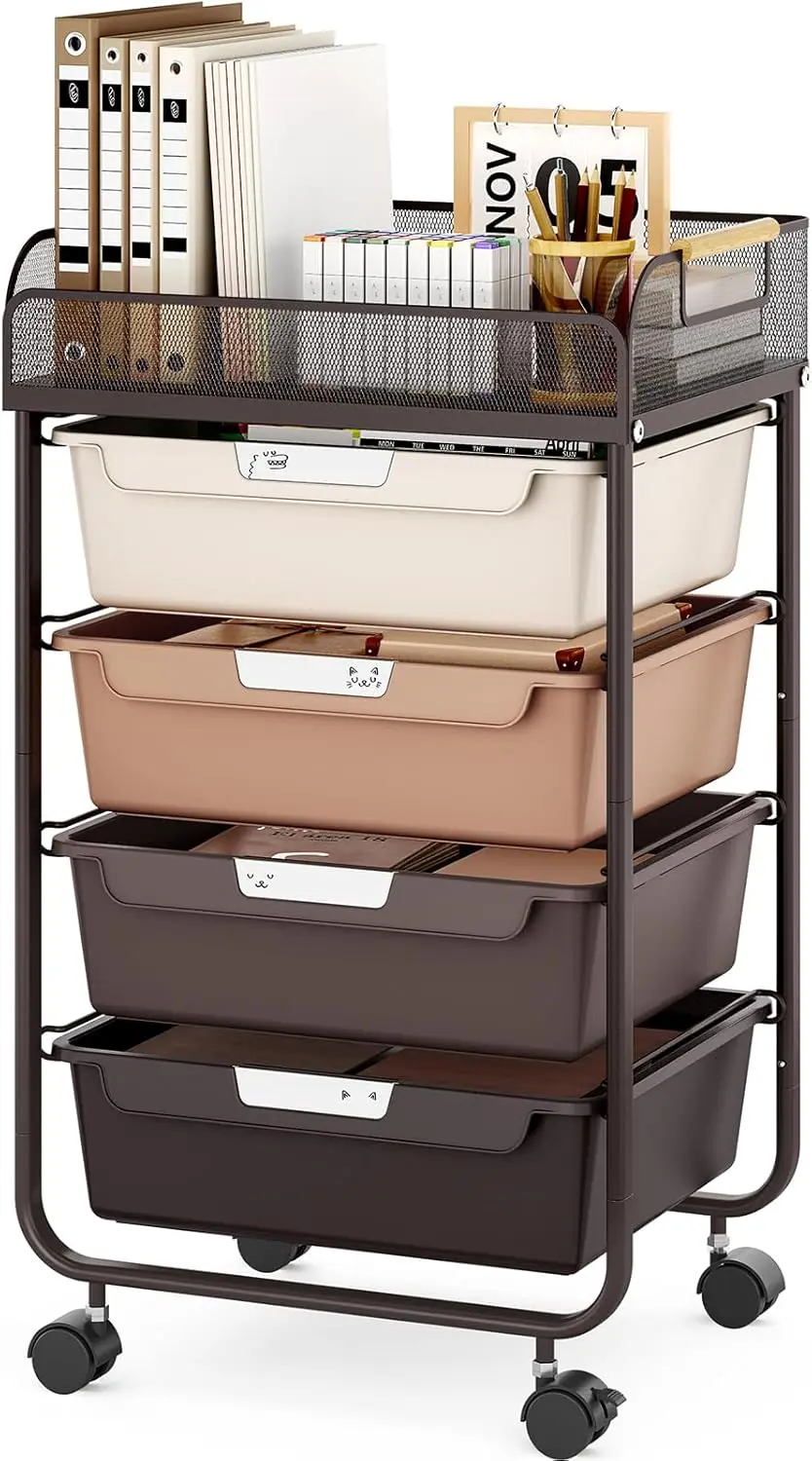 Rolling Cart with 4 Drawers, 4-Tier Utility Storage Cart, Mesh Top Craft Cart, Brown