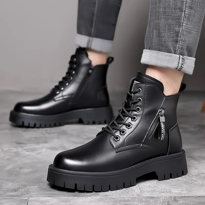 Men Classic Genuine Leather Boots Autumn Winter Waterproof Warm Platform Works Shoes Outdoor Men's Motorcycle Ankle Boots Botas