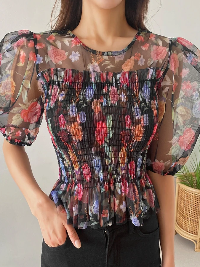 

Summer Chic Romantic Fairy Print Lace Bubble Sve Women's irt Waist Cinched Chiffon Blouse Korean Sle Loose Fit ort S...