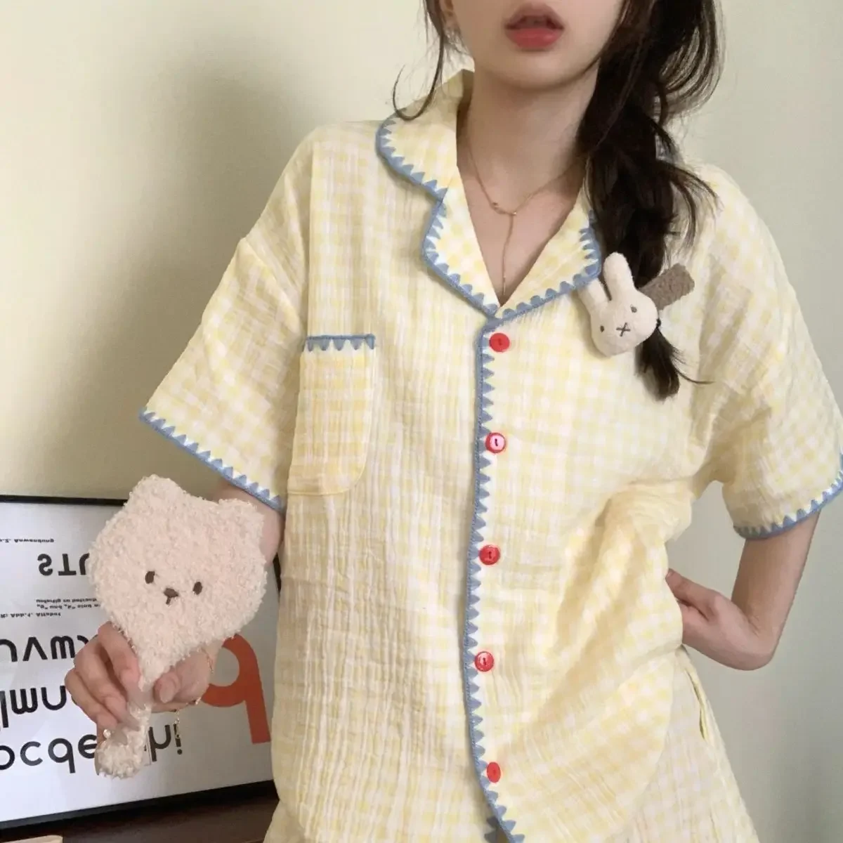 2026 New Women Pajama Set Korean Plaid Long Sleeve Sleepwear Yellow Home Clothes Comfortable Polyester Fiber Loungewear