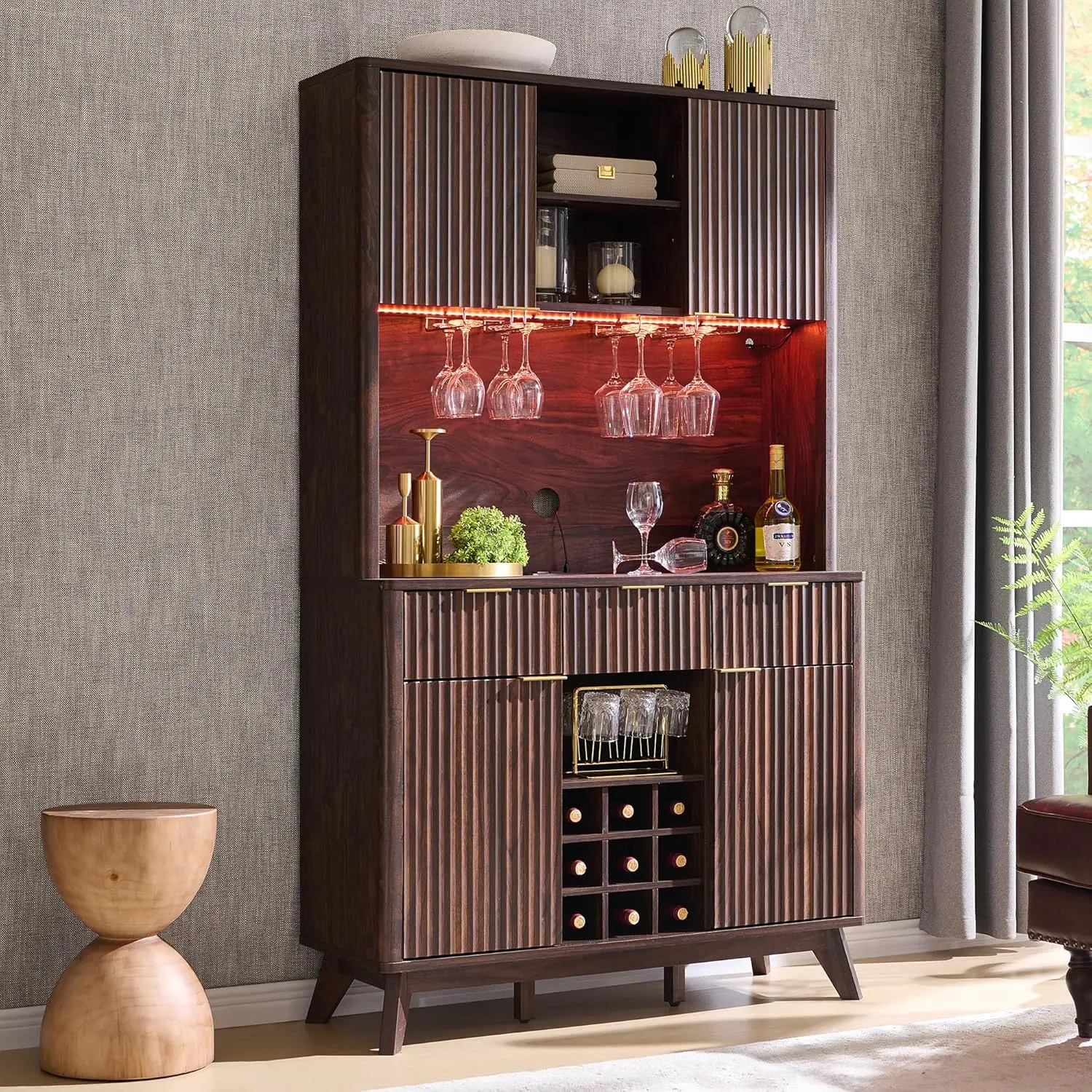 

72" Tall Wine Bar Cabinet, Wood Fluted Coffee Bar Cabinet with LED Lights and 10 Tier Storage Shelf & 9 Grid Wine Glass Rack
