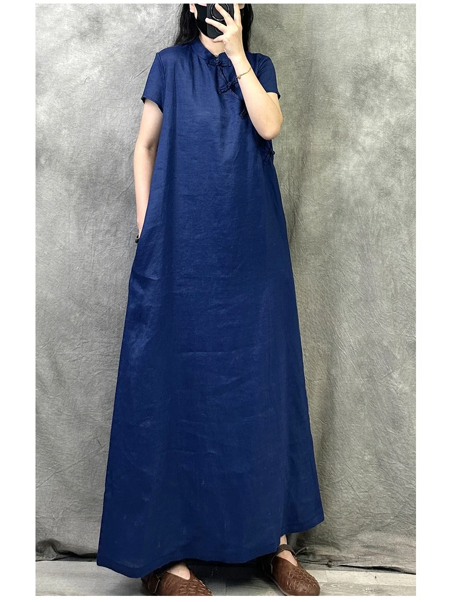 Été nouveau Sle Simple col montant chinois rétro couleur Pure Dr bouton latéral ort Sve femmes traditionnel Co...