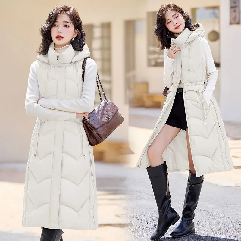 Autumn Winter Women Sleeveless Waistcoat Warm Puffer Jacket Ultra Light Mid Long Down Cotton Vest New Female Outwear Casual Tops