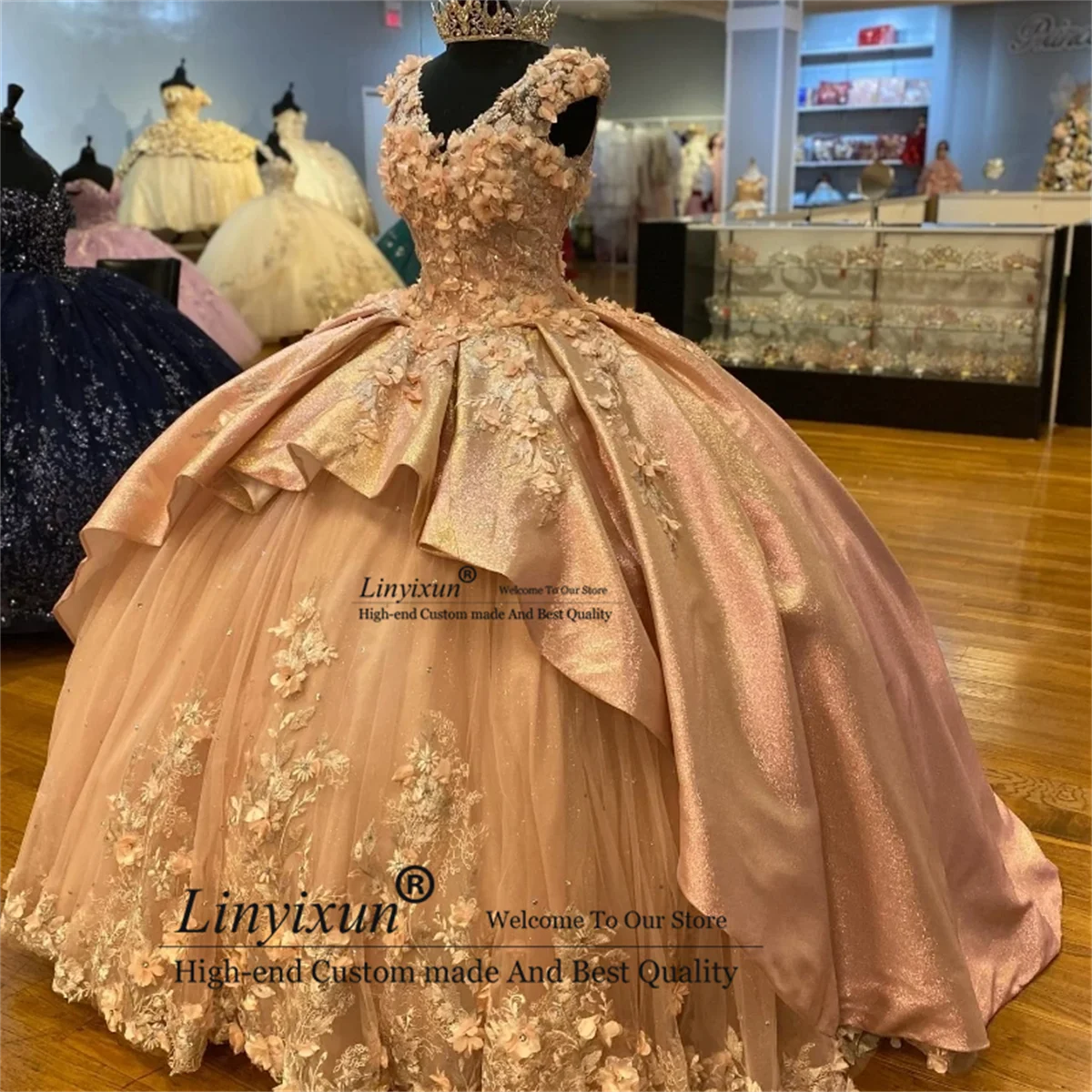 Elegance Sparky Rose Gold Quinceanera Dress Shiny 3D Flowers Off the Shoulder Princess Ball Gown for Sweet 16 Birthday Part