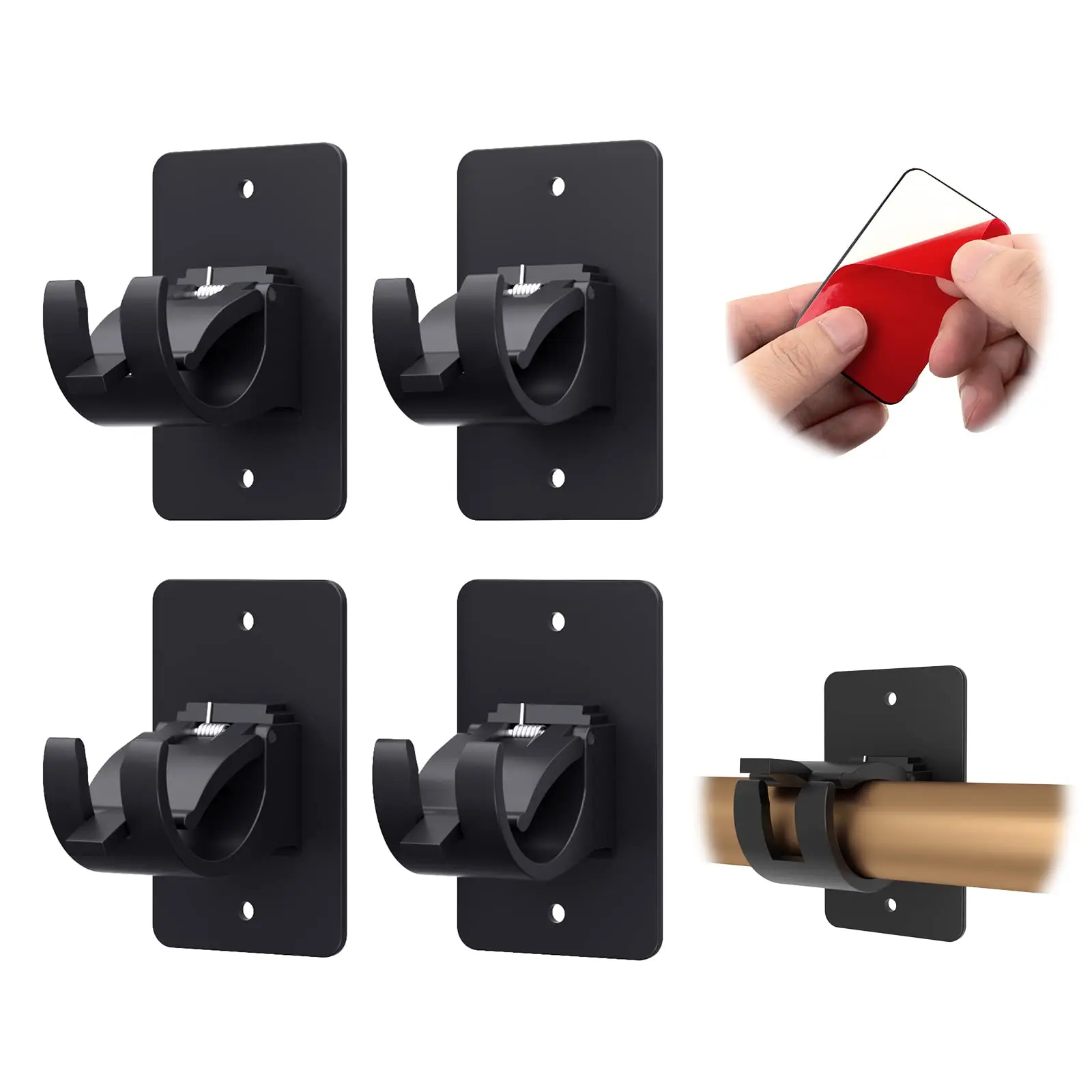 Black Dual Mount Curtain Rod Brackets Self Adhesive & Screw Universal