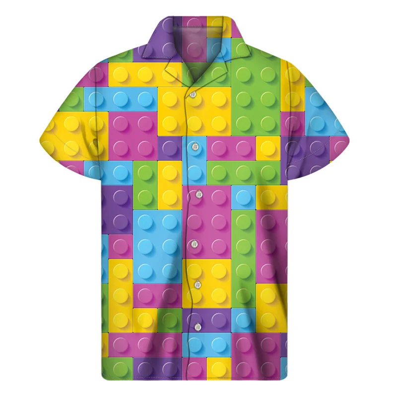 Camisa havaiana impressa em 3D masculina, brinquedo de blocos de construção criativos, camisa verão, tops havaianos, lapela rua, blusa Aloha, botão, mangas curtas