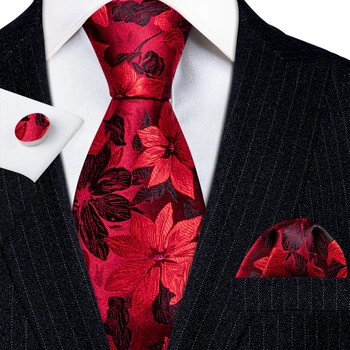 Luxuriöse Krawatten für Herren, rot, schwarz, Blumenblätter, goldblau, Seidenkrawatte, Einstecktuch, Manschettenknöpfe, Set, Hochzeitsaccessoires, Barry·Wang 6159