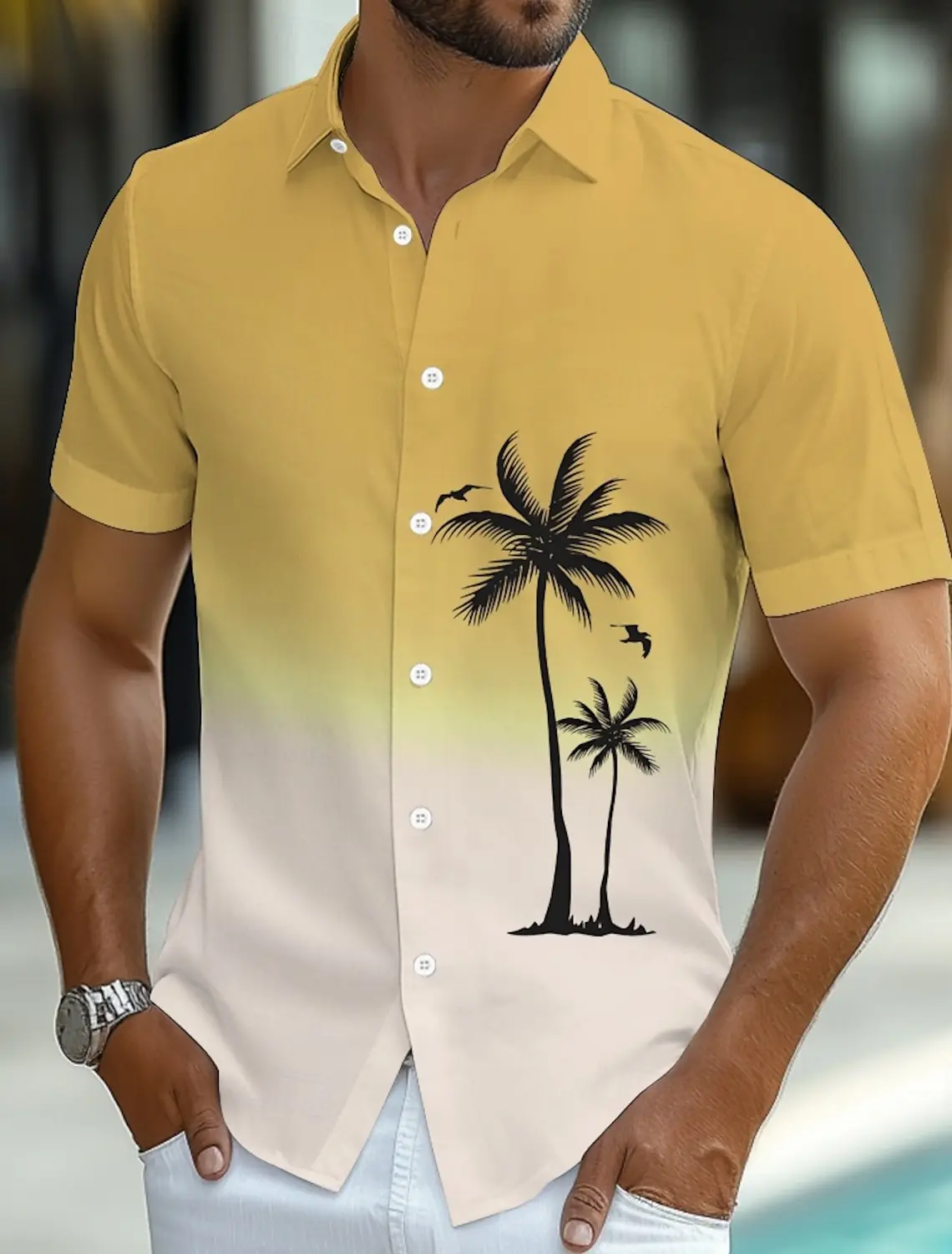 2025 Summer Men\'s Coconut Tree Gradient Color Tropical Plants Summer Hawaiian Shirt Button Up Shirt Short Sleeve Hawaiian shirts