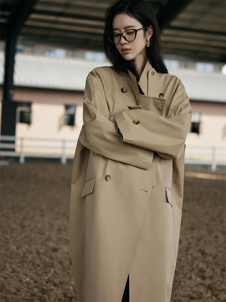 

FreMoi Spring Corduroy Patchwork Long Asymmetric Windbreaker Commute Sle Loose Fit Polyester Double Button Cotton ...