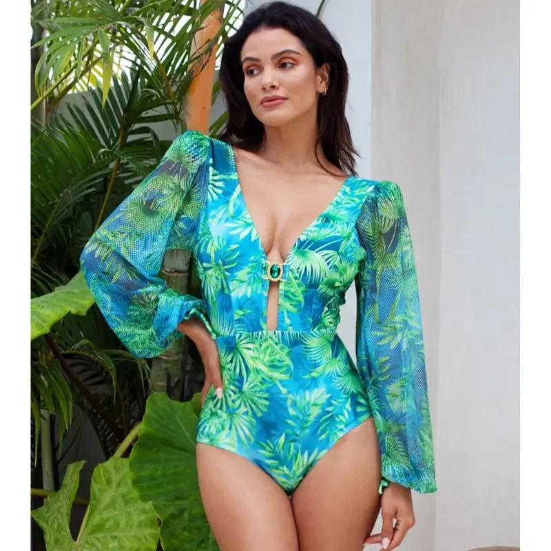 FLAXMAKER Long-sleeved Jungle Green Print One Piece  Swimsuit and Skirt Clearance Wholesale