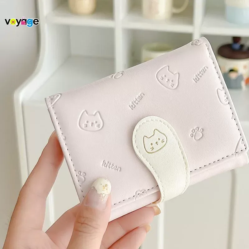 Cartoon Cat Print PU Leather Snap Wallet, Fashion Trifold Short Card Holder for Women, Cute Coin Purse for Girls