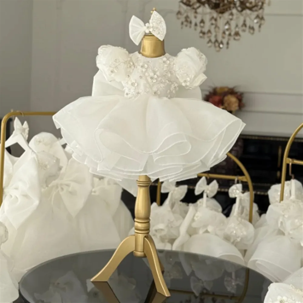 Luxury White Flower Girl Wedding Dress Appliques Floral with Bow Princess Birthday Party Pageant Dress Kids First Communion Gown