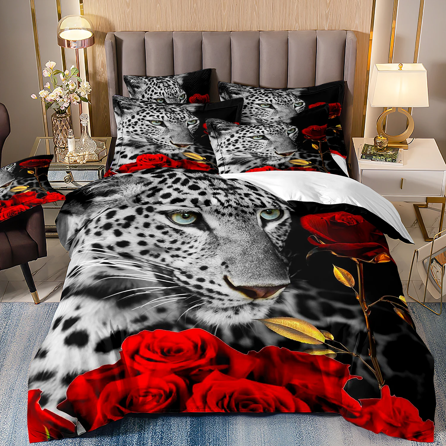 Leopard Bedspread Wild Animal Bedding Set Fashion Luxury Duvet Set for Children Boys Room Red Rose Polyester Festival Gift Quilt